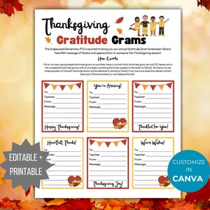 Thanksgiving Gratitude Gram Flyer PTO Template turkey Gram printable Editable Fall School fundraiser Flyer Thanksgiving Candy gram PTA Flyer