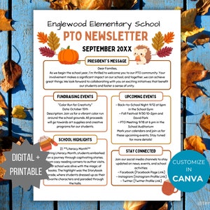 Folleto del boletín de otoño de la PTA Folleto del boletín escolar de la PTO imprimible Plantilla editable Folleto de otoño de la escuela Folleto del boletín de septiembre de la pta Folleto de la pto