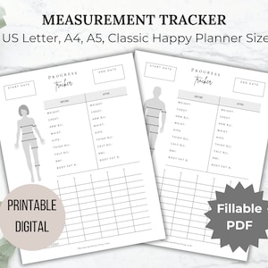 Lichaamsmeting Gewichtsverliestracker Afdrukbare invulbare voortgangstrackergrafiek Gewichtsverliesdagboek Fitnessplanner LetterA4 A5 Happy planner