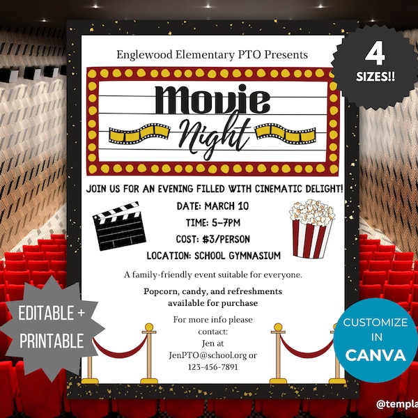 Movie Night invitation PTO template school fundraiser PTA flyer family movie night party flyer community event cinema birthday party invite