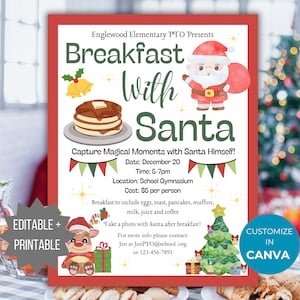 Breakfast with Santa Christmas Fundraiser PTO Template Holiday Fundraising invite Editable Holiday School event Flyer Winter PTA printable