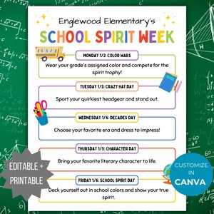 Back to School Spirit Week Flyer Printable School Spirit Flyer editable pto template Spirit week itinerary pta flyer school event handout