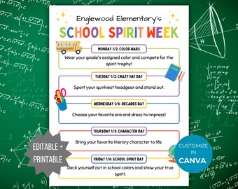 Folleto de la semana del espíritu escolar de regreso a la escuela Folleto del espíritu escolar imprimible Plantilla de pto editable Itinerario de la semana del espíritu Folleto del evento escolar del folleto de la pta