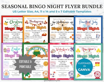 Seasonal Bingo Night PTA flyer template PTO school fundraiser flyer event invitation library Game night flyer community event invite bundle