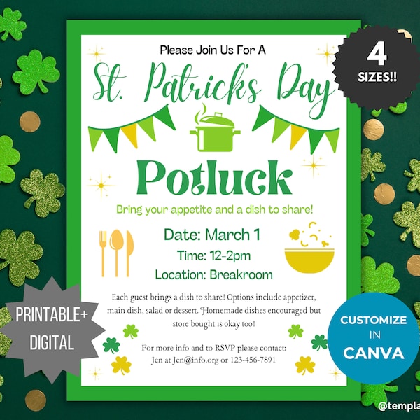 St Patrick Day Potluck Invitation template Potluck invite flyer office party invitation potluck flyer work luncheon invitation church flyer