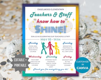 Teacher Appreciation Week Template Disco 70s theme Staff Appreciation event flyer School event schedule thank you teacher weekly itinerary