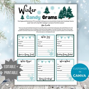 Winter Candy Gram Flyer PTO-sjabloon Holiday Candy Gram afdrukbare bewerkbare Winter School fundraiser Flyer Christmas Candy Gram PTA-flyer