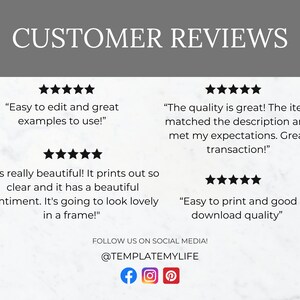 May include: Customer reviews for a digital product with five-star ratings and positive comments. The reviews highlight the product's ease of use, quality, and aesthetic appeal. The text includes "Easy to edit and great examples to use!" "It's really beautiful! It prints out so clear and it has a beautiful sentiment. It's going to look lovely in a frame!" "The quality is great! The item matched the description and met my expectations. Great transaction!" "Easy to print and good download quality".