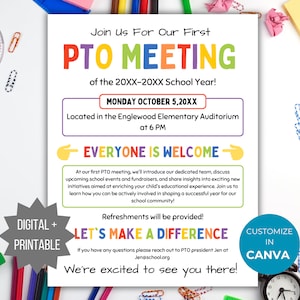 PTA Meeting Flyer PTO Meeting template pta Back to School pto meeting invite pta announcement poster pto sign recruitment flyer printable