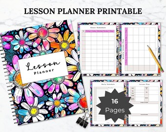 Peut inclure: Un planificateur de cours imprimable à reliure spirale avec un fond noir et des illustrations de marguerites colorées. La couverture comporte une étiquette blanche avec le texte Lesson Planner. Les pages intérieures montrent un emploi du temps.
