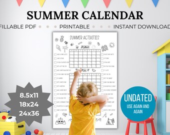 Summer Activity Planner Printable summer calendar editable kids summer schedule family bucket list poster summer coloring kids checklist