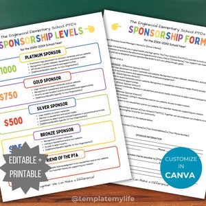 PTA Sponsorship Level Flyer Printable PTO Sponsorship form editable template pta sponsorship letter School flyer pta sponsorship template