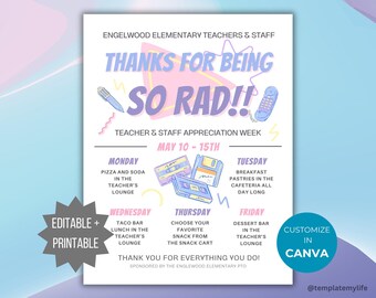 May include: A white flyer for Engelwood Elementary Teachers & Staff Appreciation Week, May 10-15th. It features retro graphics like a cassette, floppy disk, and phone, with text detailing daily events from Monday to Friday in purple and pink.
