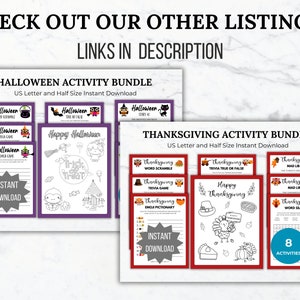 May include: Two printable activity bundles for Halloween and Thanksgiving. Each bundle includes 8 activities, such as word scrambles, trivia games, and mad libs. The activities are designed for US letter and half size paper.