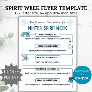 Winter Spirit Week Flyer Printable School Spirit Flyer editable pto template holiday Spirit week itinerary pta flyer school event handout
