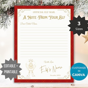May include: A rectangular stationery sheet with a red border and gold text reading OFFICIAL ELF MAIL, A NOTE FROM YOUR ELF, Dear Childs Name, With Love, Elf's Name, and December 20XX. It features a line drawing of an elf and horizontal lines.