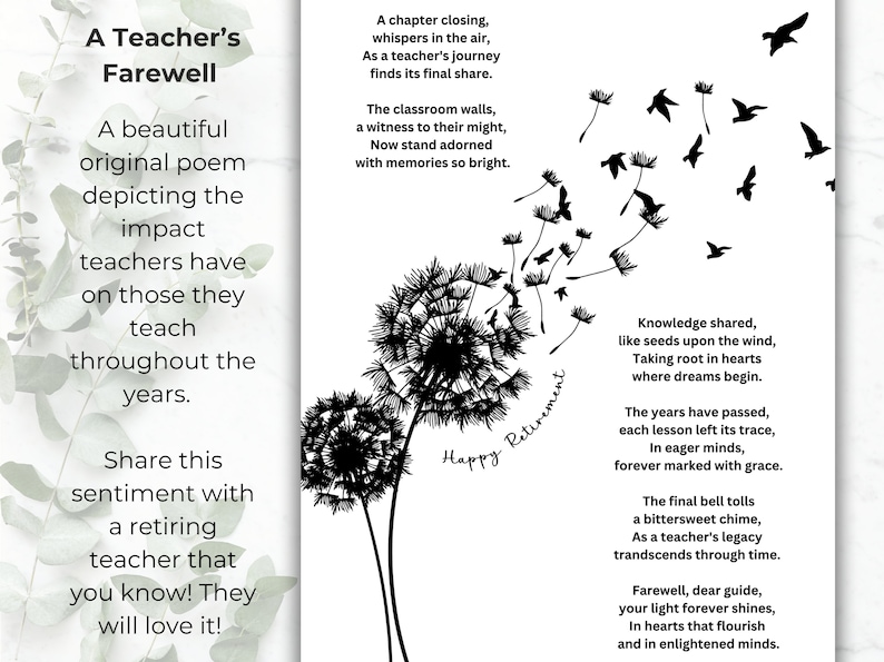 Teacher retirement gift printable for retiring teacher poem wall art digital print teacher retirement card teacher home wall decor present