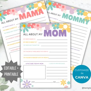 Tudo sobre minha mãe para impressão Idéia de presente para o dia das mães Mãe, presente de agradecimento da criança, preencha o espaço em branco Modelo de questionário Tudo sobre mamãe para crianças