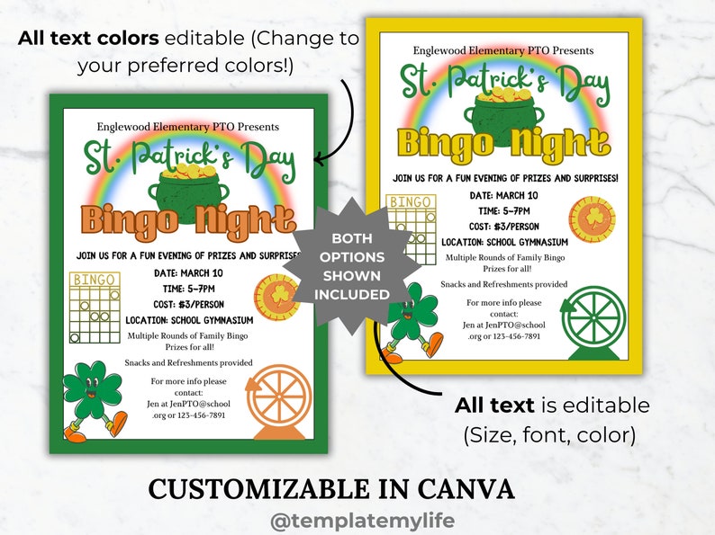 St Patrick Bingo Night flyer PTO template school fundraiser flyer event invitation library Game night PTA flyer spring community event flyer