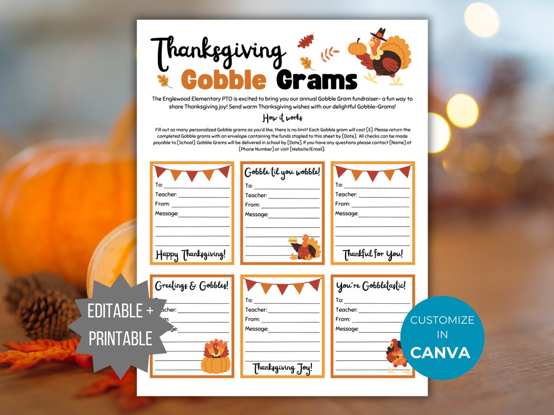 Thanksgiving Gobble Gram Flyer PTO Template Turkey Gram Printable ...