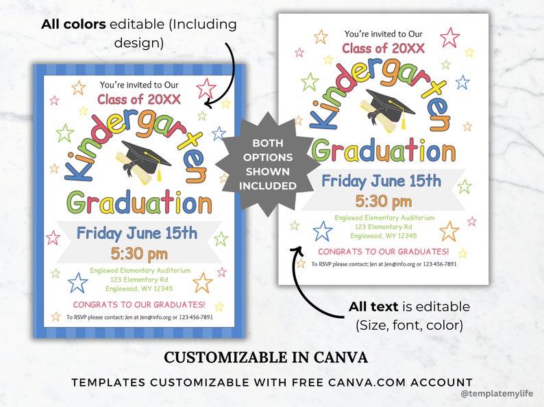 Editable Kindergarten Graduation invitation printable elementary graduation program ceremony invite graduation diploma certificate template