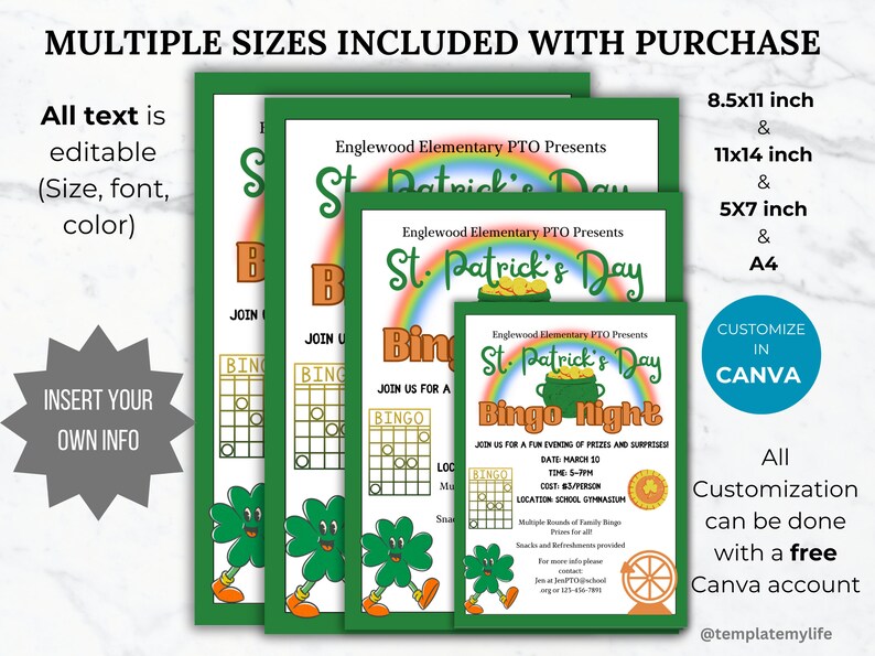 St Patrick Bingo Night flyer PTO template school fundraiser flyer event invitation library Game night PTA flyer spring community event flyer