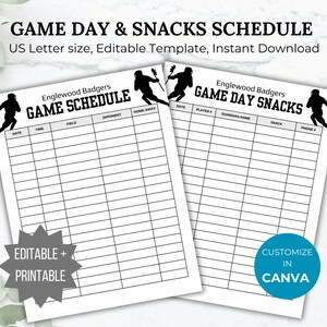 Lacrosse game schedule template and Lacrosse snack sign up bundle team mom game day snack sheet printable sport game Lacrosse coach schedule