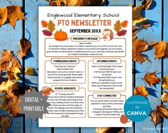 May include: A printable Englewood Elementary School PTO newsletter template for September 20XX, featuring autumn-themed graphics like a pumpkin, hedgehog, and fall leaves, with sections for messages, events, and school highlights.