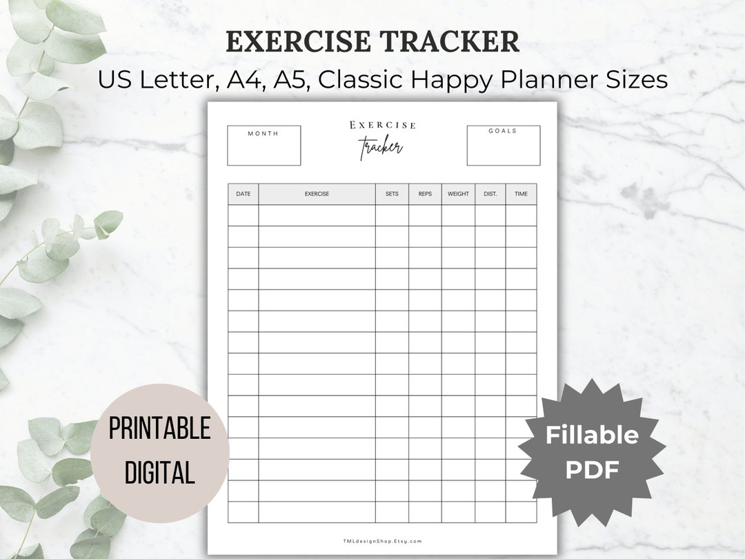 Exercise Tracker Printable Fitness Planner Workout Tracker Fitness ...