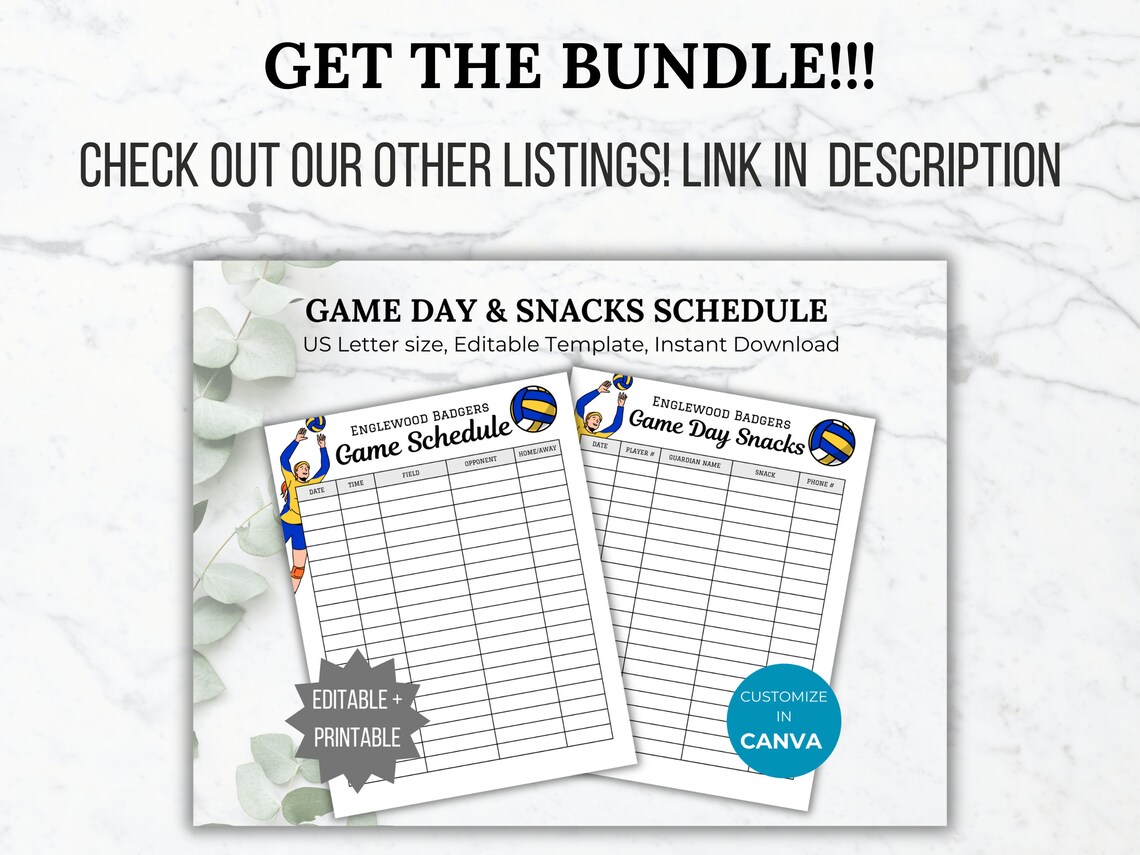 Volleyball Game Schedule Template Volleyball Sports Calendar Etsy
