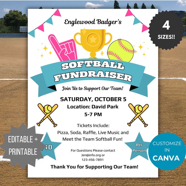 Editable Softball Fundraiser Flyer template School softball team fundraiser Invite softball tournament fundraising poster club team flyers