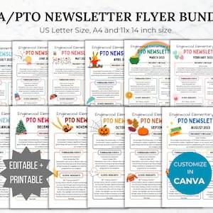 Folleto del BOLETÍN INFORMATIVO de PTA, paquete de plantillas editables, noticias mensuales en el aula, folleto de eventos escolares imprimible, boletín informativo escolar de pto, folleto de pta