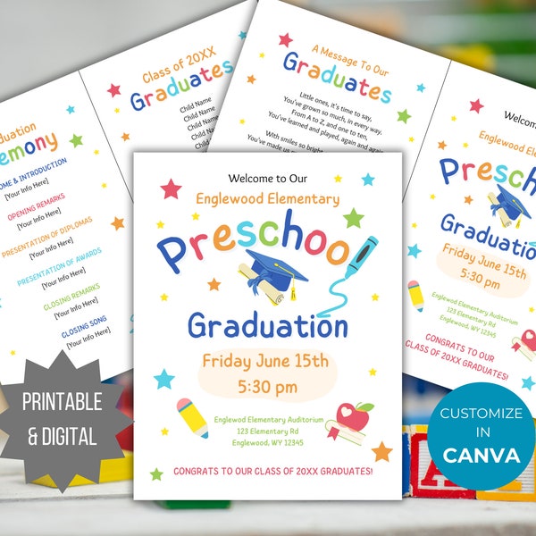 Preschool Graduation ceremony program template editable pre-k graduation program editable booklet graduation welcome sign flyer printable