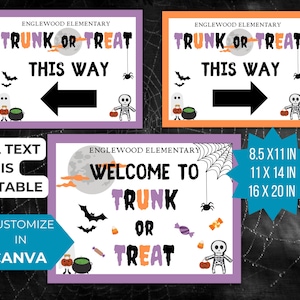 May include: Three printable signs for a Trunk or Treat event. The signs are purple, orange, and white with black text. The text on the signs reads "Englewood Elementary", "Trunk or Treat", "This Way", "Welcome to Trunk or Treat", and "8.5 x 11 in, 11 x 14 in, 16 x 20 in".