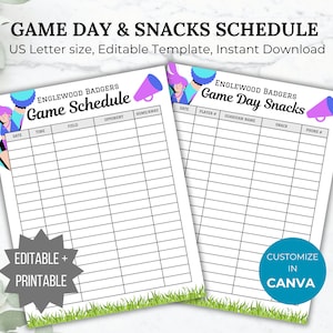 Cheer game schedule & snack schedule template bundle cheer snack sign up cheer mom game day snack sheet printable sports game coach schedule