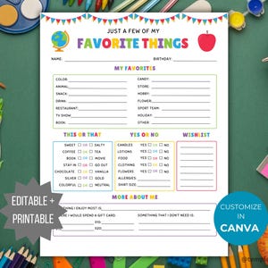 May include: A printable worksheet with a colourful design and the text "Just a few of my favourite things". The worksheet includes sections for listing favourite things, answering yes or no questions, and writing a wishlist. It also includes sections for writing about things the person enjoys most and something they don't need.