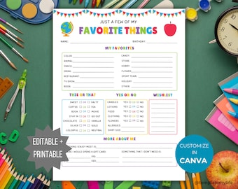 Teacher favorites list printable Teacher Survey Back to School Teacher questionnaire template Few of my favorite things Teacher wishlist