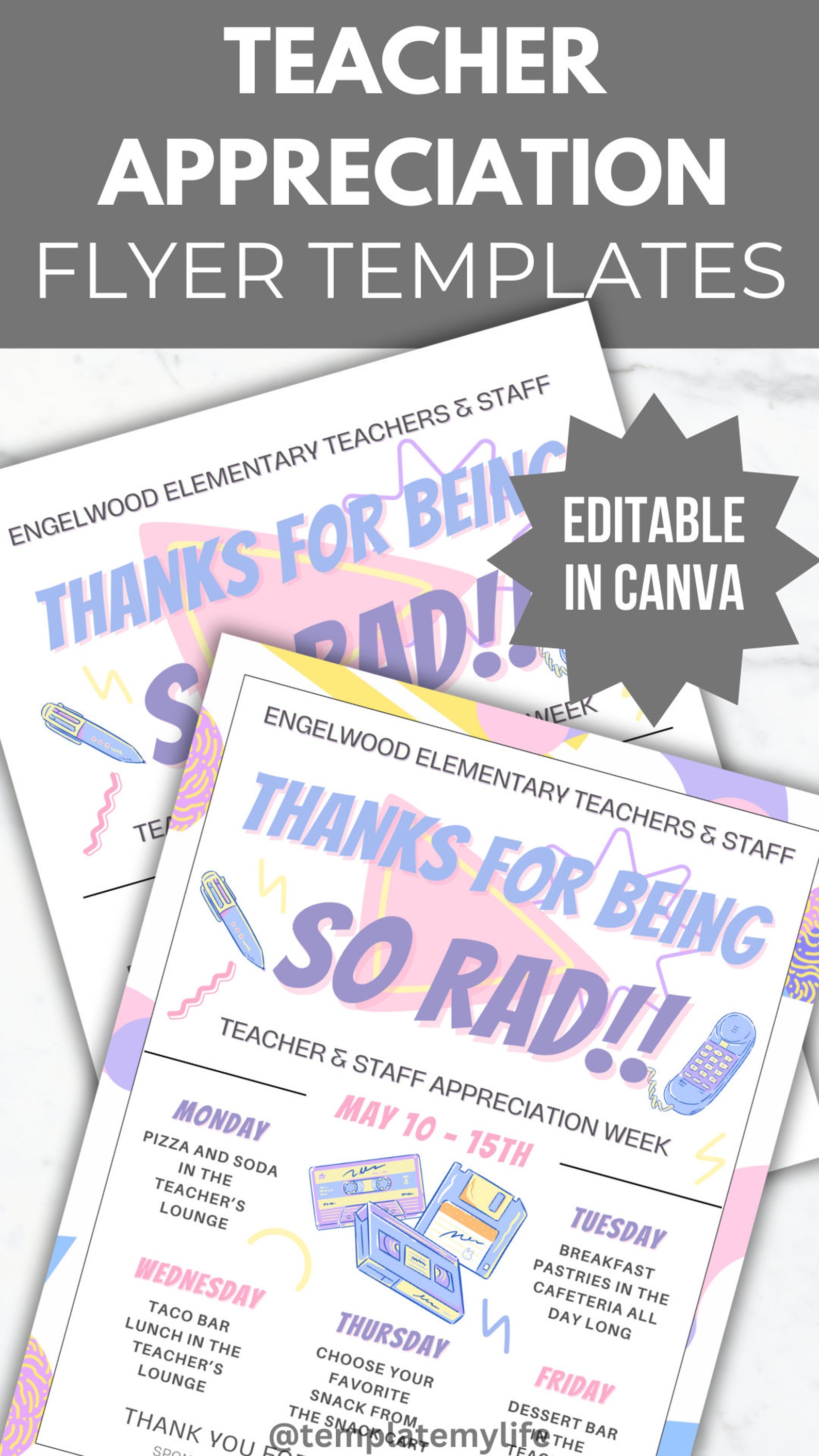 Teacher and Staff Appreciation Week Invite PTO Template 90s Theme ...