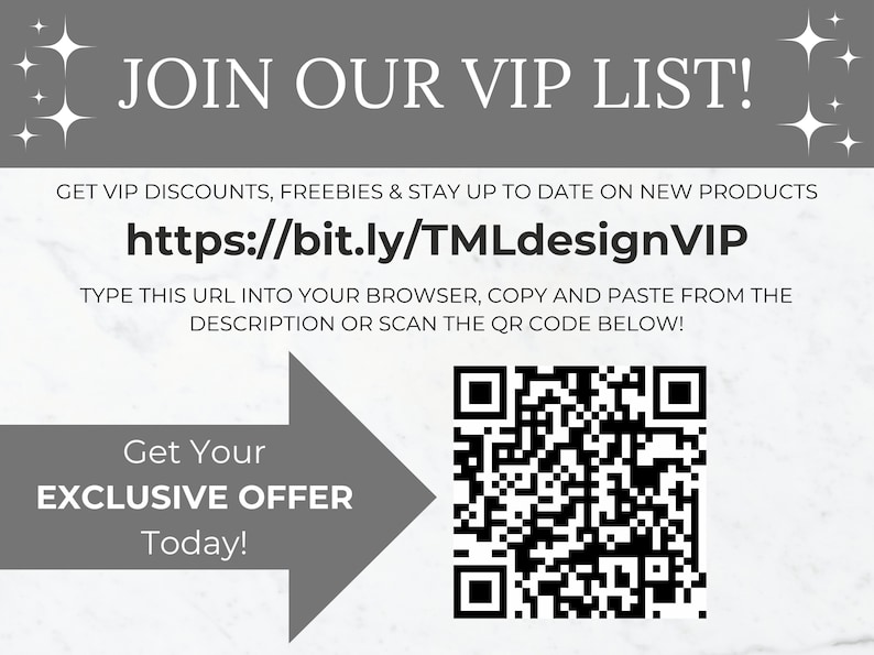 Puede incluir: Un gr&aacute;fico blanco y gris con el texto "JOIN OUR VIP LIST!" y un c&oacute;digo QR. El texto debajo del c&oacute;digo QR dice "Get Your EXCLUSIVE OFFER Today!" e incluye un enlace a "https://bit.ly/TMLdesignVIP".