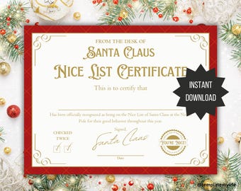 Certificado da Lista de Boas Ações do Papai Noel para imprimir, carta do Papai Noel para presente, ideia para encher a caixa de Natal das crianças na véspera de Natal, correspondência oficial do Papai Noel, tradição natalina