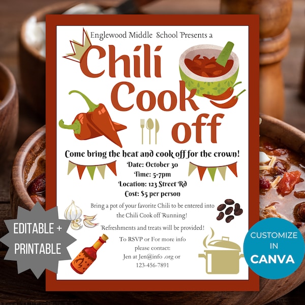 Chili Cook Off Flyer Invitation PTO Template Autumn Fundraiser invite Editable Fall School event Flyer printable poster Fall Event PTA Flyer