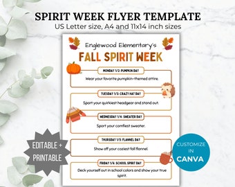 PTA Fall Spirit Week Flyer Printable PTO School Spirit Flyer editable template Spirit week itinerary flyer pta sign take home pto handout