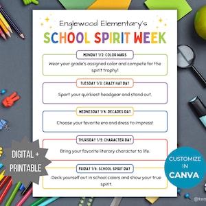 School Spirit Week Flyer PTA Spirit Week Template PTO Spirit week itinerary template handout pta sign elementary school spirit poster pto