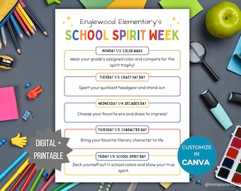 School Spirit Week Flyer PTA Spirit Week Template PTO Spirit week itinerary template handout pta sign elementary school spirit poster pto