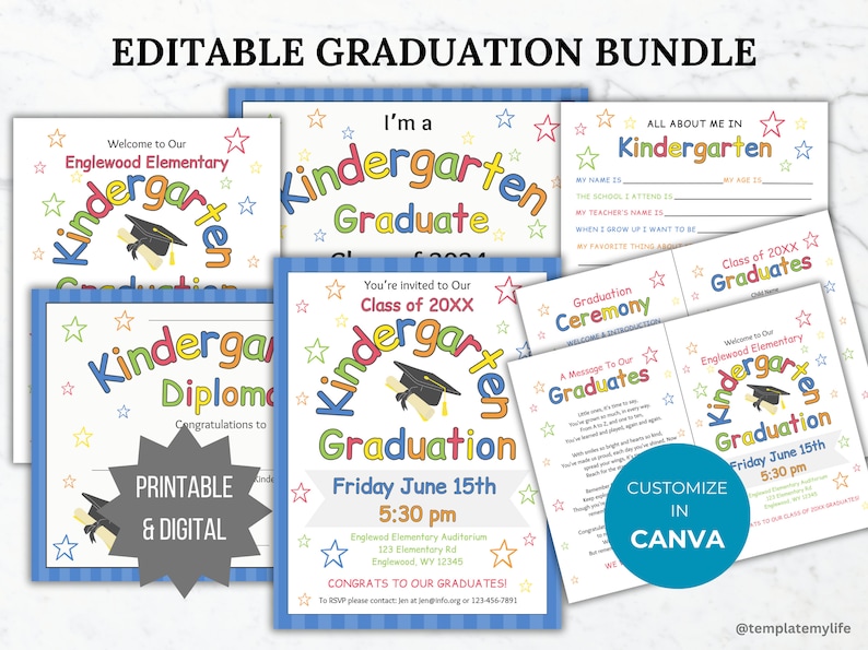 Editable Kindergarten Graduation invitation printable elementary graduation program ceremony invite graduation diploma certificate template