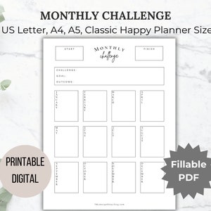 Monthly Challenge Tracker yearly challenge binder printable fitness challenge saving challenge wellness challenge Letter A4 A5 Happy Planner