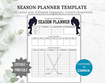 Hockey season planner template Hockey team game schedule printable Hockey coach practice schedule editable hockey mom game day organizer