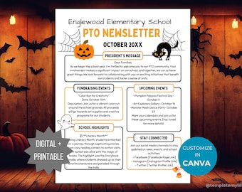 May include: A white school newsletter template titled Englewood Elementary School PTO Newsletter October 20XX, featuring orange and black Halloween graphics including a jack-o'-lantern, a black cat, spiderwebs, and a ghost.