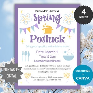 Spring Potluck Flyer template Potluck invitation flyer neighborhood party invitation Spring party flyer community luncheon invite printable