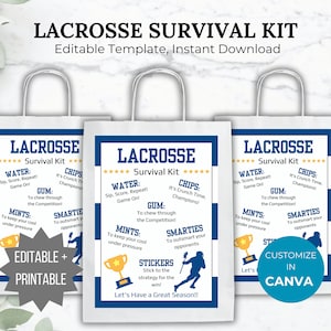 Lacrosse Survival Kit Editable Template Lacrosse team gift printable Lacrosse party favor gift idea Lacrosse player birthday favor bag gift